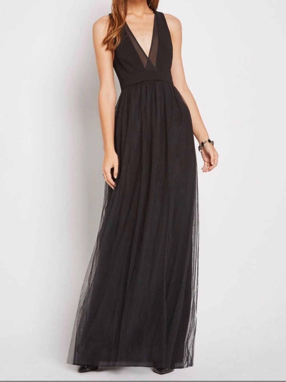 BCBGeneration Black Plunge-Neck Tulle Maxi Dress